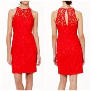 J Crew Red Pamela Floral Leavers Lace Halter Dress Sleeveless Sheath Sz 4